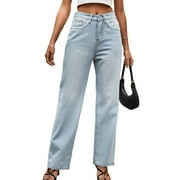 Ruiatoo Mid Rise Straight Leg Jeans for Women Causal Bootcut Jean With Petal Pocket Light Blue L