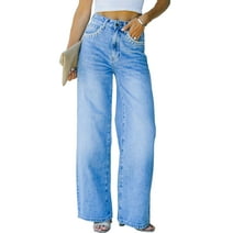 Ruiatoo Mid Rise Straight Leg Jeans for Women Causal Bootcut Jean with Petal Pocket Blue S