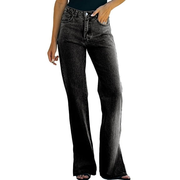 Ruiatoo Relaxed Fit Jeans for Women Mid Rise Straight Leg Causal Bootcut Jean Black-grey L