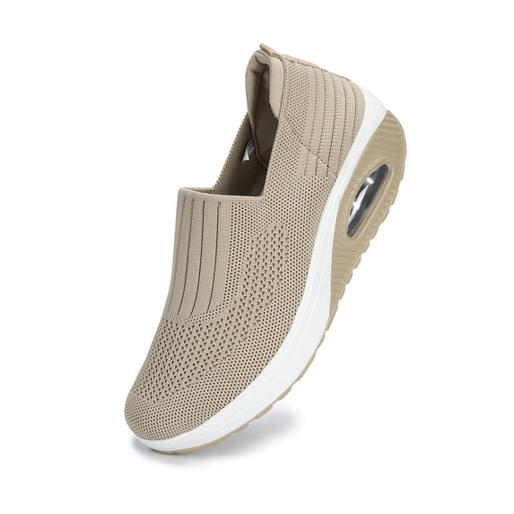 Ruiatoo Women Platform Sneakers Slip-on Air Cushion Orthopedic Walking Shoes Ladies Toning Rocker Shoes Beige 39