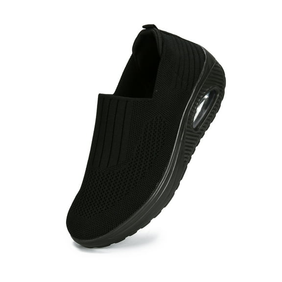 Ruiatoo Women Platform Sneakers Slip-on Air Cushion Orthopedic Walking Shoes Ladies Toning Rocker Shoes Black 39
