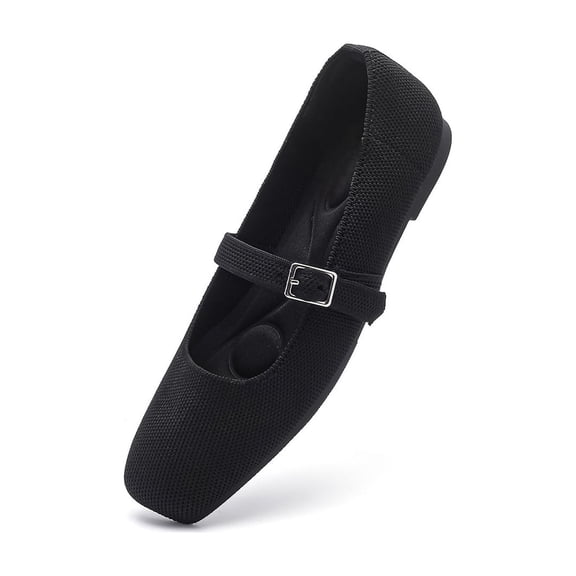 Ruiatoo Women's Ballet Flats Square Toe Knit Comfortable Slip On Mary Jane with Ankle Strap Casual, Work Teacher Dressy Shoes Black 36