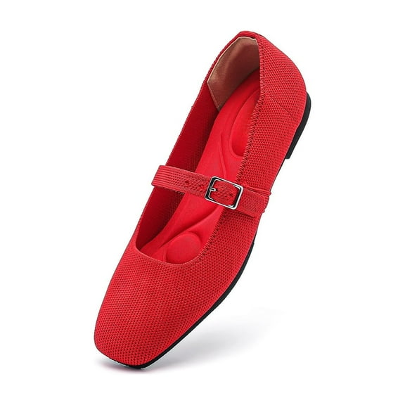 Ruiatoo Women's Ballet Flats Square Toe Knit Comfortable Slip On Mary Jane with Ankle Strap Casual, Work Teacher Dressy Shoes Red 37