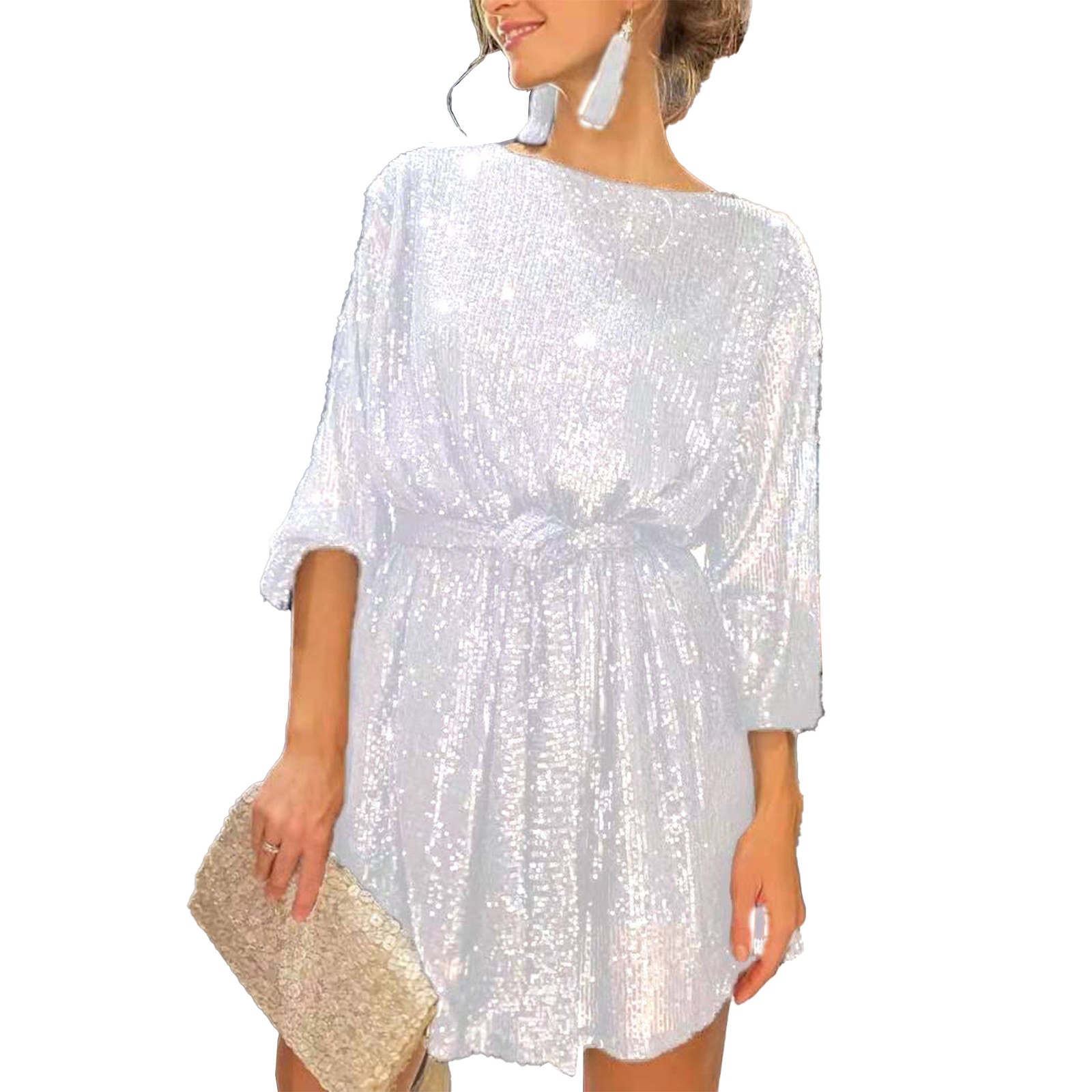 Ruibeauty Women Sequins Glitter Half Sleeve Mini Dress Cocktail Club