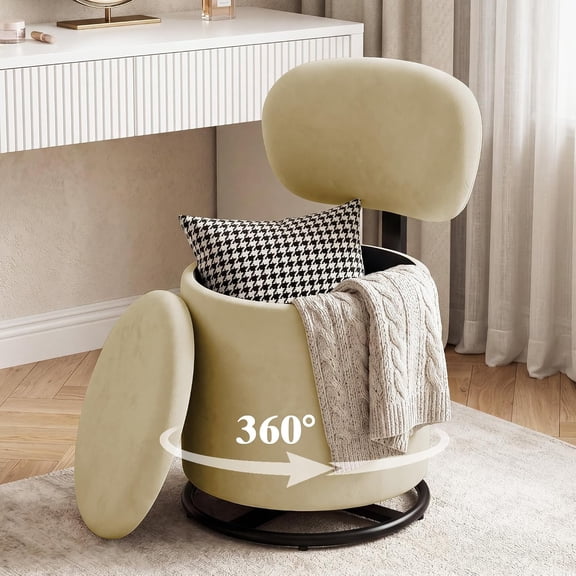 Ruichengda Camel Velvet Swivel Vanity Chair, Hidden Storage Makeup Stool, 360 Swivel, Backrest Support, Easy Assembly