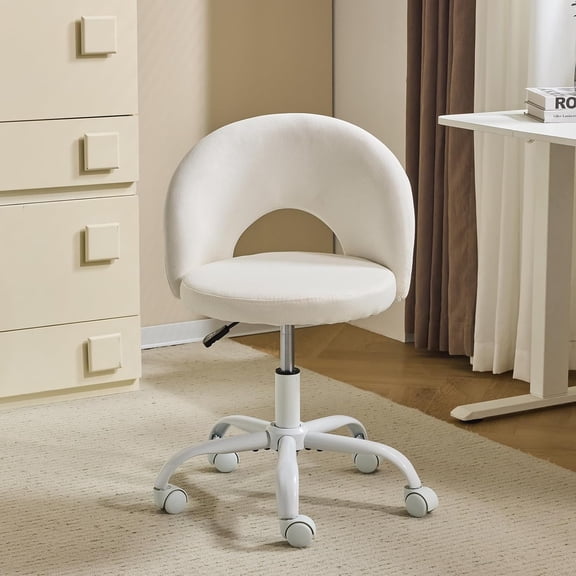 Ruichengda Small Vanity Chair with Wheels, Adjustable Height Armless 360 Swivel Rolling Chair, Cute Modern Comfortable Seat for Study, Makeup Room, Linen White