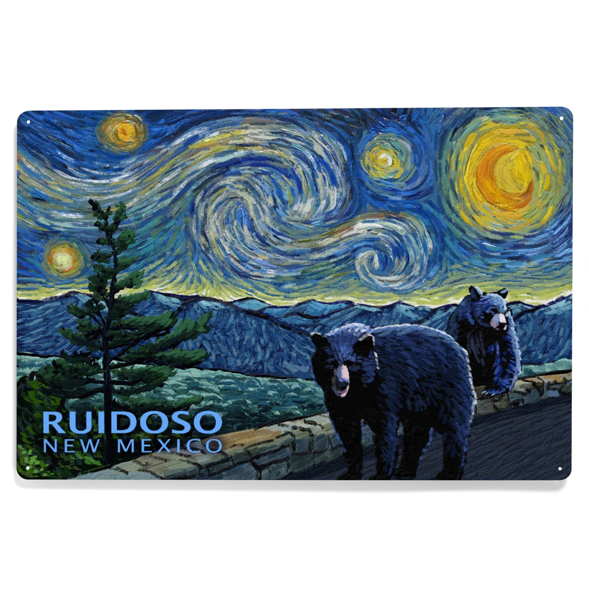 Ruidoso, New Mexico, Starry Night, Bears (12x18 Aluminum Art, Indoor Outdoor Metal Sign Decor