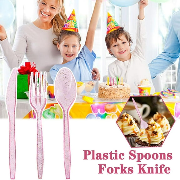 Ruifaya 48pcs gold powder purple (G) $48 set of 16 pieces of knife, fork and spoon, disposable plastic knife, fork and spoon tableware three-piece set party cake ban