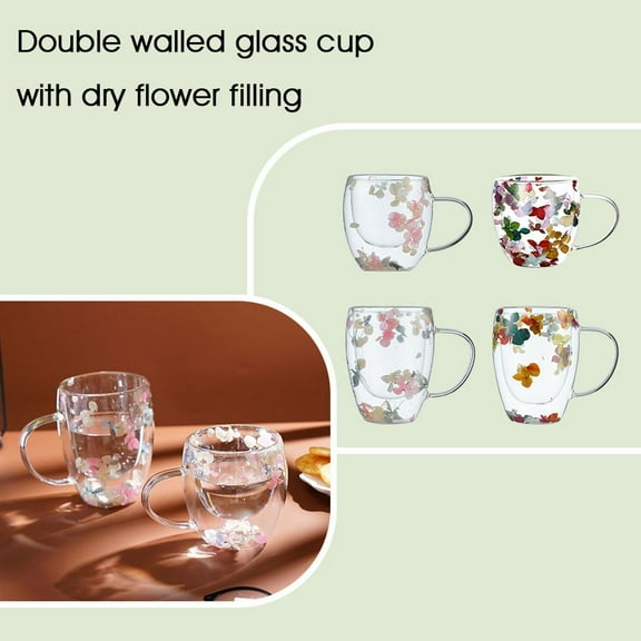 Ruifaya Dried Flowers Double Wall Clear Glass Coffee Mugs,Clear Glass Cups with Handle+
