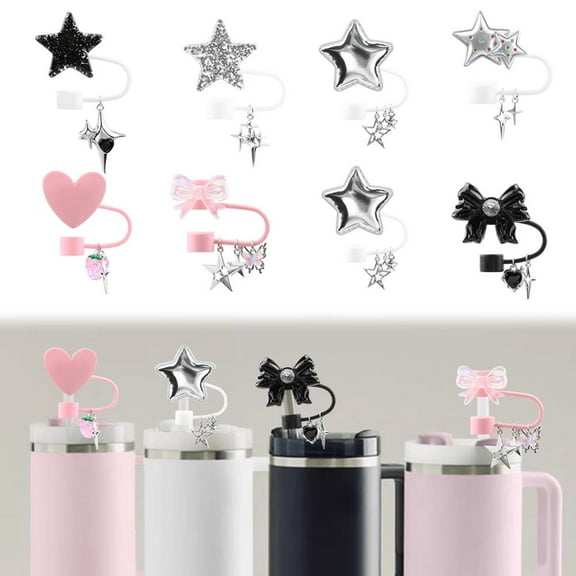 Ruifaya Set Pink (B)$Silicone Straw Cover for Stanley Cup Cute Glitter Star Heart-shaped Bow Resin Straw