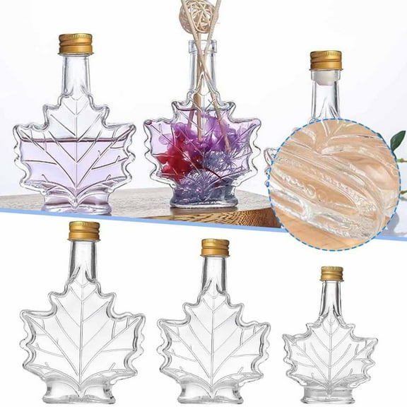 Ruifaya ZHOSXRC Glass Maple Syrup Bottles Jars,Glass Syrup Dispenser Bottle,Reusable Leaf Shaped, Food Grade Canning Bottles,Empty Glass Syrup Bottles with Lids for Homemade Drinks