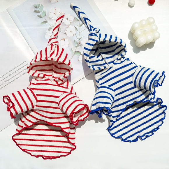 Ruike Chic Pets Clothes Striped Design Hooded Two Legged Lace Trim for Autumn and Winter Cuteness