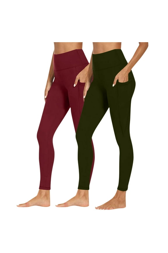 2-Pack Womens Leggings with Side Pockets, Women's High Waisted Yoga Pants Tummy Control Shaping Workout Running 2PCS
