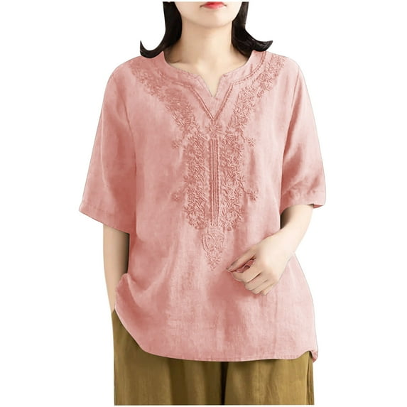 Ruimatai Womens Summer Tops Plus Size Woman Fashion Cotton Embroidered Summer Causal V- Neck Blouse Button Short Sleeve T-Shirt