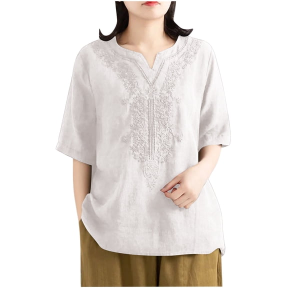 Ruimatai Womens Summer Tops Plus Size Woman Fashion Cotton Embroidered Summer Causal V- Neck Blouse Button Short Sleeve T-Shirt