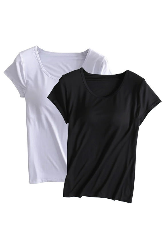 2PC Women's Sequin Crew Neck Short Sleeve Tops With Built-In Bra Soft Comfy Casual Blouse Pajamas Homewear S-4XL