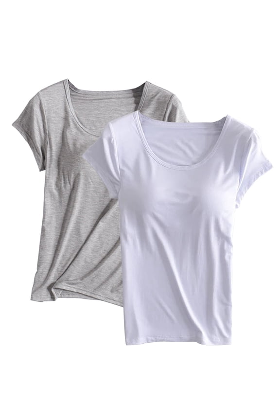 2PC Women's Sequin Crew Neck Short Sleeve Tops With Built-In Bra Soft Comfy Casual Blouse Pajamas Homewear S-4XL