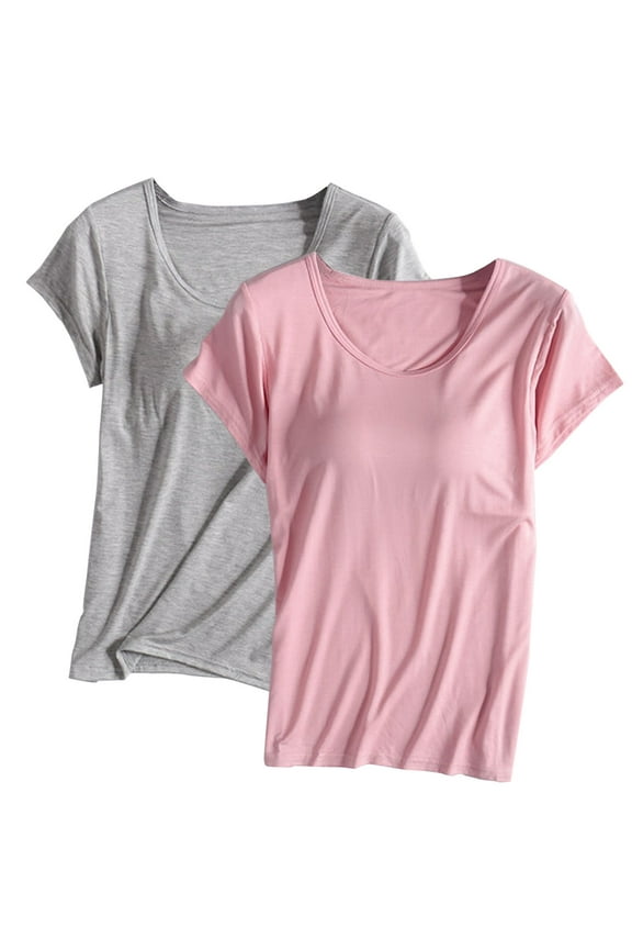 2PC Women's Sequin Tops With Bra Pad Soft Casual Blouse Short Sleeve Crew Neck T-Shirt Homewear Pajamas S-4XL