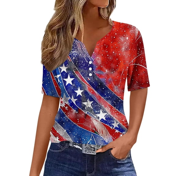 Ruimatai 4th of July Womens Patriotic Shirt American Flag Printed Button Up Blouse 3/4 Sleeve V-Neck Top Comfortable Casual Independence Day T-Shirt