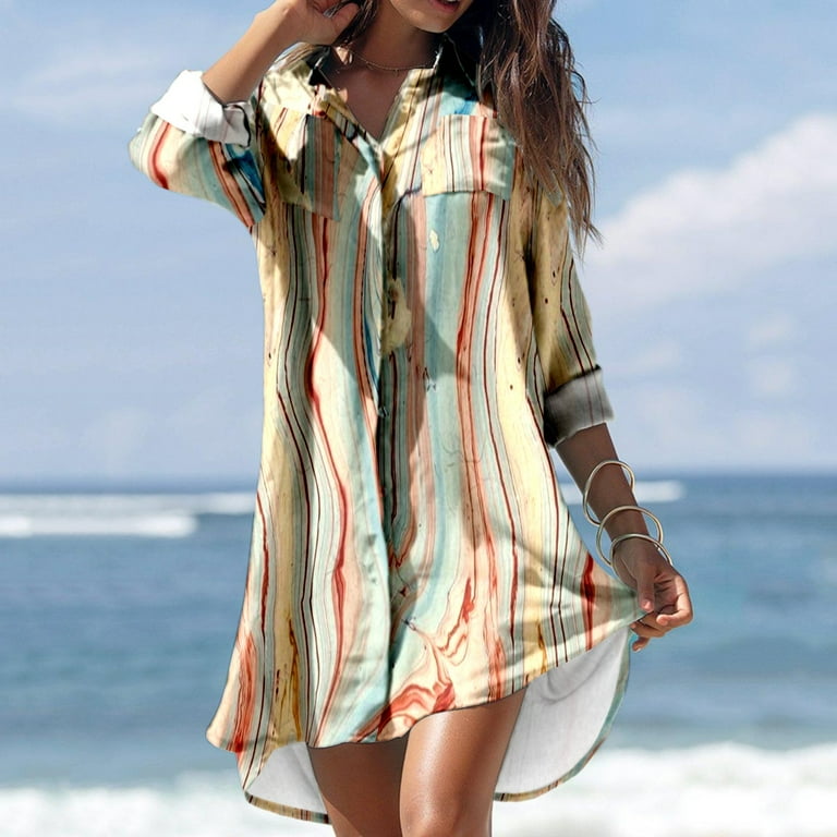 Ruimatai Beach Cover Up for Women Plus Size Long Womens Cover Up Dress Plus Size Summer Casual Turn down Collar Long Sleeve Printed Smock Buttons With Pocket Shirt Dresses Walmart