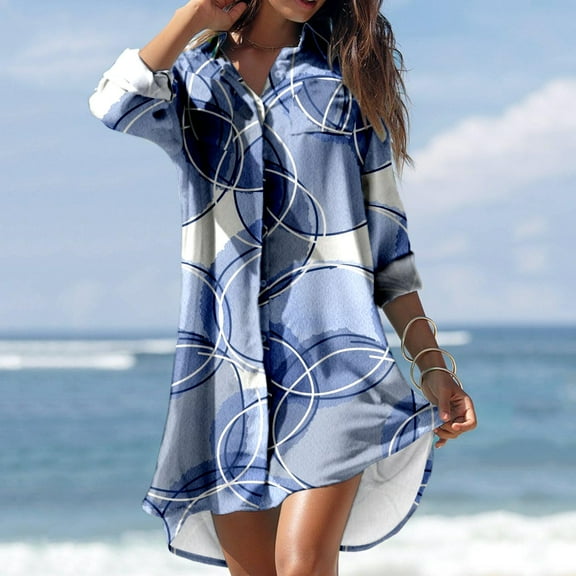 Ruimatai Swim Cover Ups for Women Summer Womens Cover Up Dress Plus Size Summer Casual Turn-down Collar Long Sleeve Printed Smock Buttons With Pocket Shirt Dresses