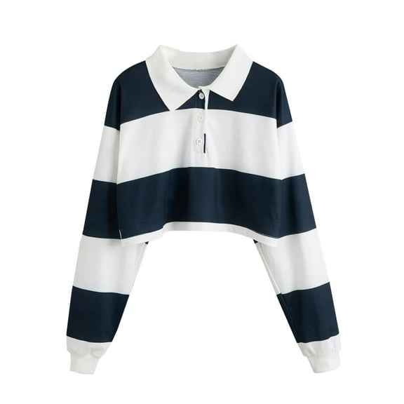 Ruimatai Women's Casual Color Stripe Button Pullover Rainbow Long Sleeve Collared Sweatshirt Tops Soft Comfortable Stylish Fashion Blouse