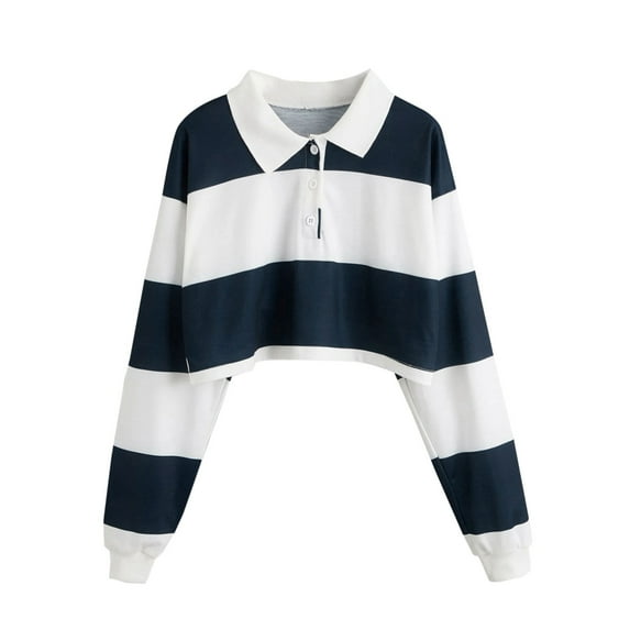 Ruimatai Women's Casual Color Stripe Button Pullover Rainbow Long Sleeve Collared Sweatshirt Tops Soft Comfortable Stylish Fashion Blouse
