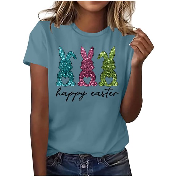 Ruimatai Easter Printed T-Shirt Women's Short Sleeve Round Neck Top Casual Blouse Holiday Party Cute Spring Summer Tee