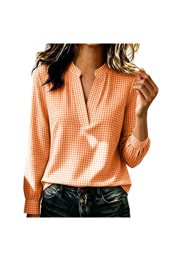 Gingham Shirts for Women Notch V Neck Long Sleeve Loose Casual Plaid Blouses for Spring Fall Daily Office Wear
