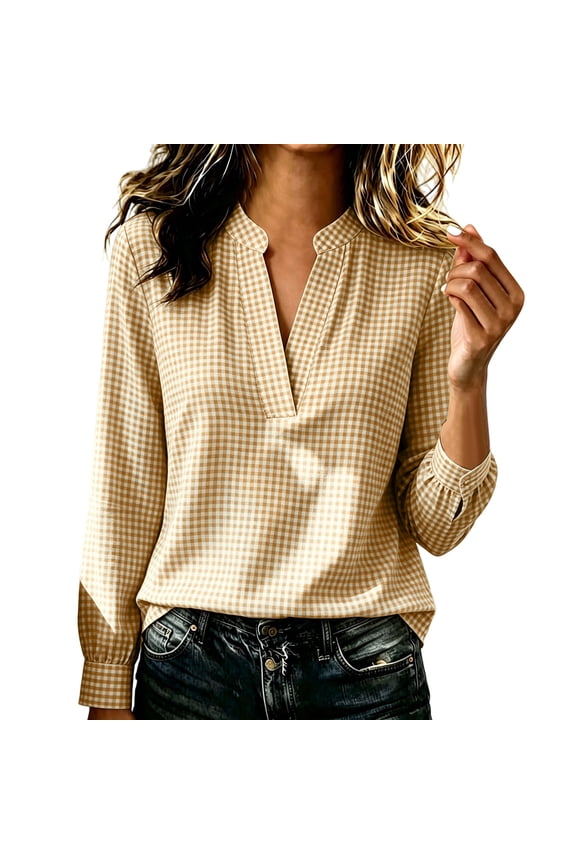Gingham Shirts for Women Notch V Neck Long Sleeve Loose Casual Plaid Blouses for Spring Fall Daily Office Wear