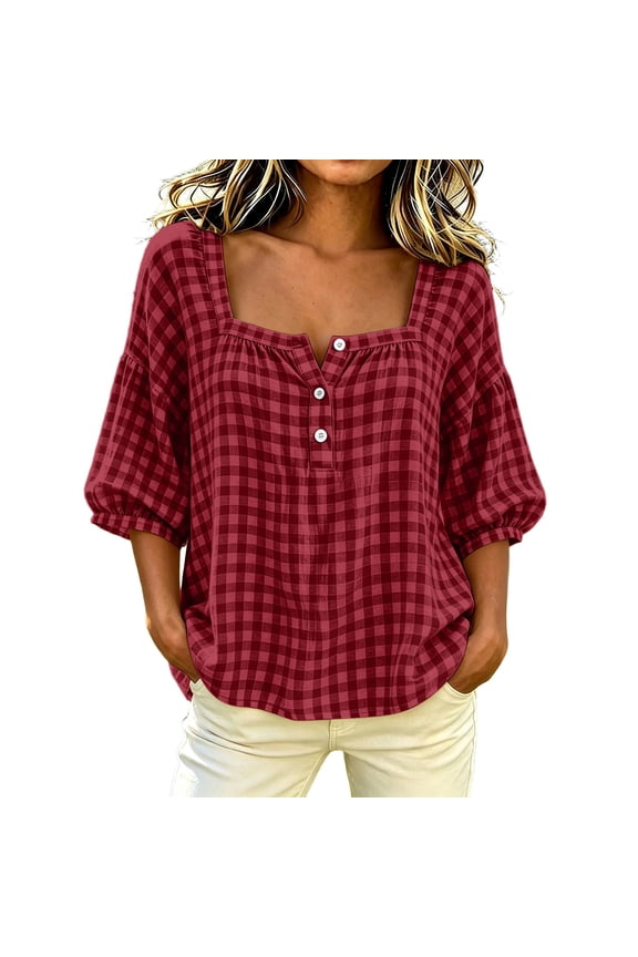 Gingham Tops for Women Square Neck Half Button Puff 3/4 Sleeve Loose Casual Plaid Blouses for Summer Daily Vacation Wear