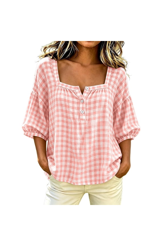 Gingham Tops for Women Square Neck Half Button Puff 3/4 Sleeve Loose Casual Plaid Blouses for Summer Daily Vacation Wear