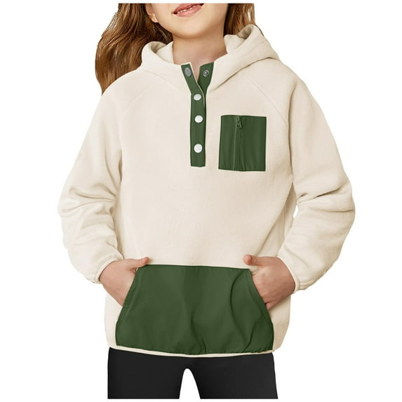 Ruimatai Girls Fleece Hoodie Color Block Sherpa Pullover Hooded Sweatshirt for Teen Girl Quarter Button Jacket Coat Top with Pocket Sizes 5-14 Years