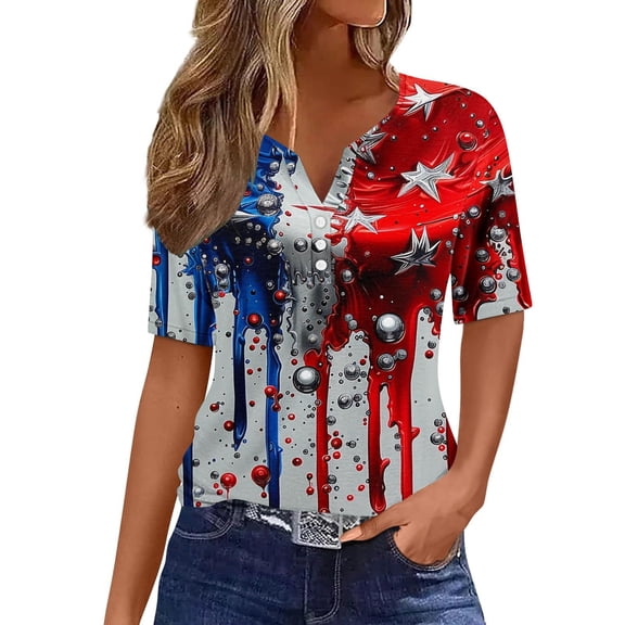 Ruimatai Ladies 4th of July Shirt Patriotic American Flag Top V-Neck 3/4 Sleeve Button Up Blouse Comfortable Casual Independence Day Women's Tops