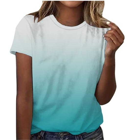 Ruimatai New Gradient Color Print Tops for Women Plus Size Short Sleeve Shirts Summer Crewneck Loose Womens Tops Mother's Day Gifts
