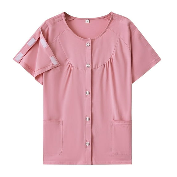 Ruimatai Post Surgery Shirts for Women Easy Wear Open Front Shoulder Fracture Recovery Top with Pockets Round Neck Short Sleeve