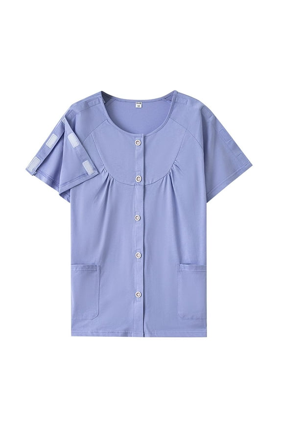 Post Surgery Shirts for Women Easy Wear Open Front Shoulder Fracture Recovery Top with Pockets Short Sleeve Round Neck