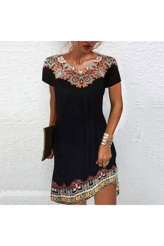 Spring Dresses for Women Crewneck Plus Size Women's Fashion Comfortable Casual Ethnic Round Neck Print Dress
