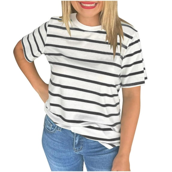 Ruimatai Stripe Shirts for Women Summer Casual Crewneck Short Sleeve T-Shirt Slim Fit Tunic Tops Womens Comfy Basic Tees