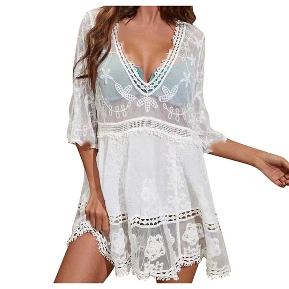 Ruimatai Summer Beach Cover Ups for Women Tops Swimsuit Clearance Fashion Round Neck Short Sleeve Loose Hollowed Out Beach Swimsuit Blouse