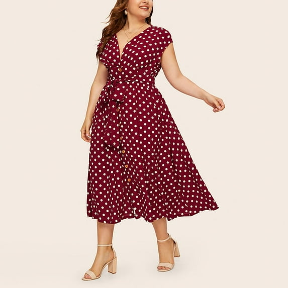 Ruimatai Summer Clearance Women's Casual Plus Size V-neck Sleeveless Polka Dot Printed Button Belt Dress