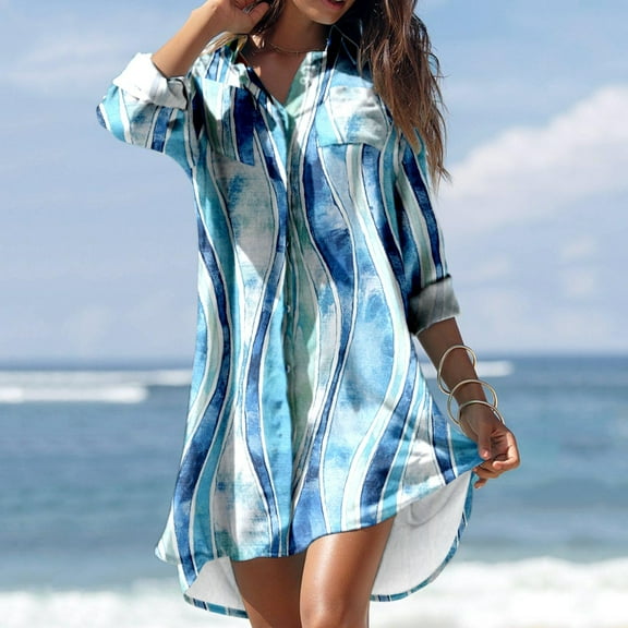 Ruimatai Summer Cover Ups for Swimwear Women Clearnce Womens Tops Summer Casual Turn-down Collar Long Sleeve Printed Smock Buttons With Pocket Shirt Dresses
