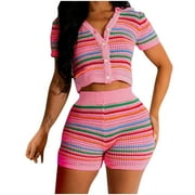 RUIMATAI Summer Crochet Set Two Piece Womens Short Sleeve Striped Color Block Knit Button Top and Shorts V Neck 2 Piece Lounge Sets