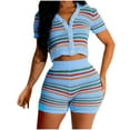 thumbnail image 1 of Ruimatai Summer Crochet Set Two Piece Women's V Neck Short Sleeve Striped Knit Button Top and Shorts 2 Piece Lounge Sets, 1 of 3