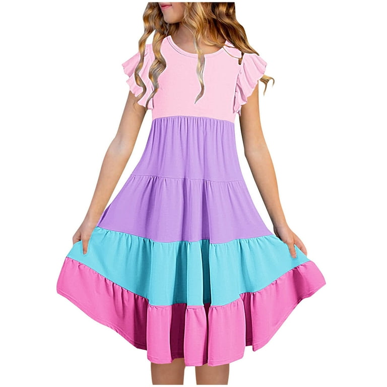 Ruimatai Summer Girls Dresses Ruffle Sleeve Casual Crew Neck Twirl Birthday Party Maxi Sun Dress with Pockets Color Printed Dress Size for 6 15 Year