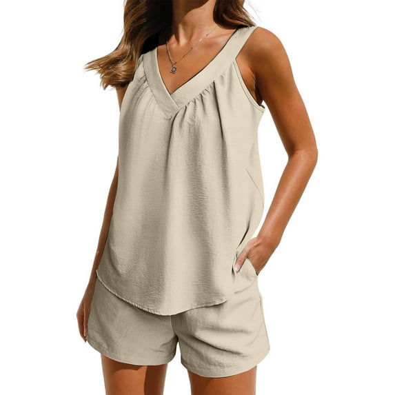Ruimatai Summer Pajamas Sets Fashion Solid Color Sleeveless Tops and Shorts Deep V Neck Comfy Loungewear Sleepwear S-2XL