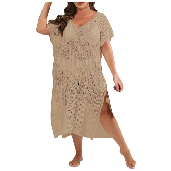 Ruimatai Plus Size Swimsuit Cover Up for Women Crochet Lace Beach Dress V Neck Side Slit Bathing Suit Coverup for Swimwear