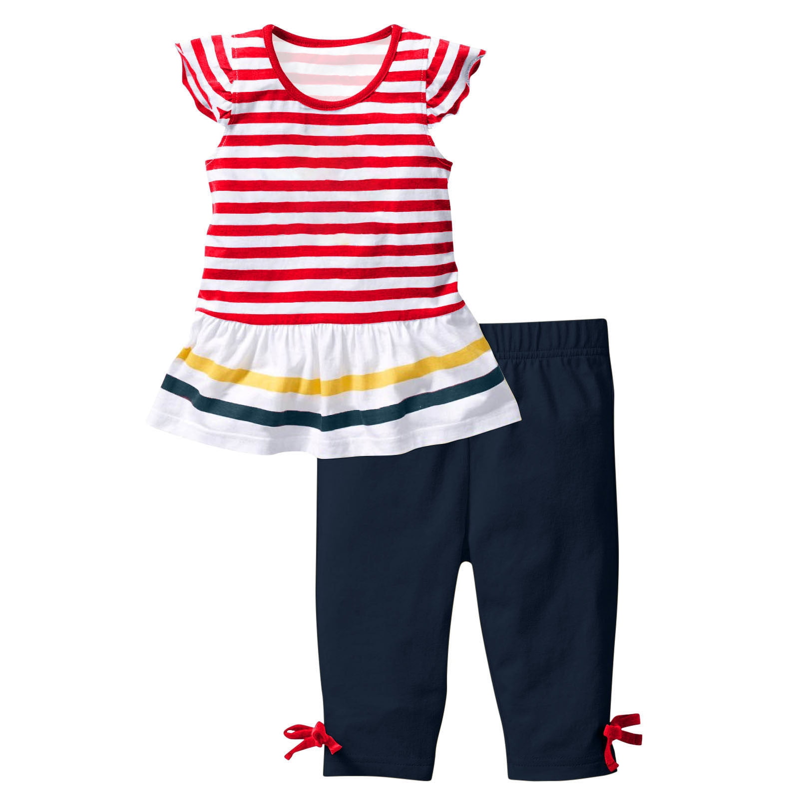 Girls Summer Bunny Striped Co-Ord Set – Soft Cotton Top & Printed Pants (Yellow & Cream) main image 1