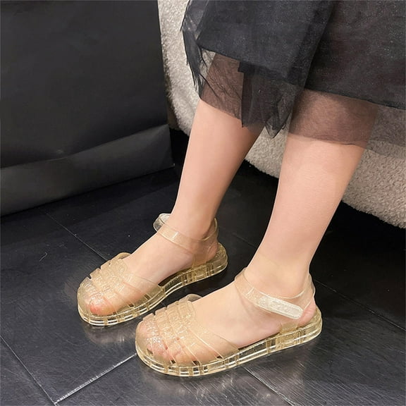 Ruimatai Summer Toddler Girls Jelly Sandals Casual Soft Sole Non-slip Ankle Strap Shoes Closed Toe Beach Transparent Roman Sandals