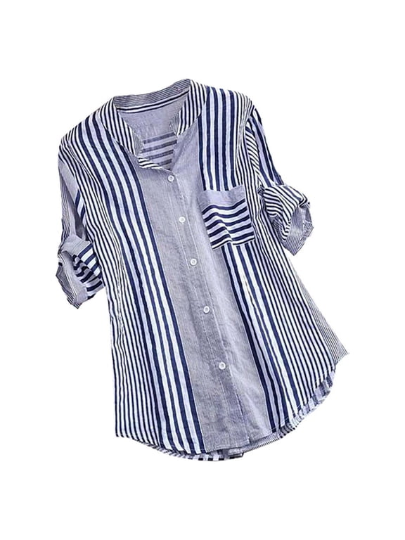 Summer Women Shirt Women Plus Size Three Quarter Striped Print V-Neck Loose Fit Top T-Shirt Blouse